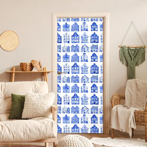Patroon - Huizen - Blauw deurposter klein 289 -sfeer2