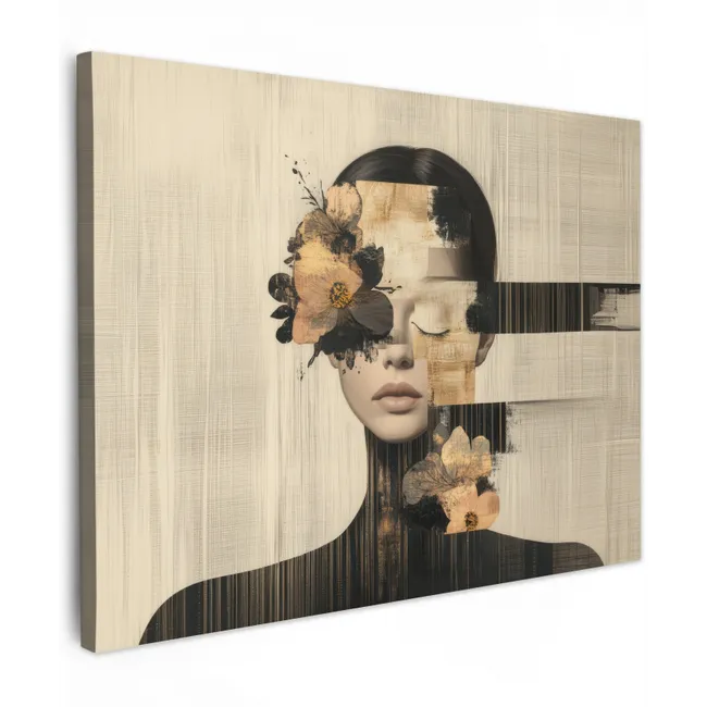 Canvas schilderij - Gezicht - Bloemen - Zwart - Vrouw