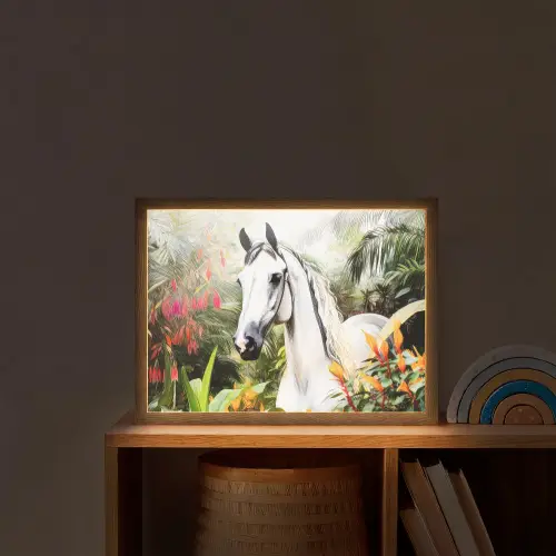 Paard - Wit - Bos - Bloemen - Planten Light Box met batterij (Wandlamp kind) middel -sfeer1_kind