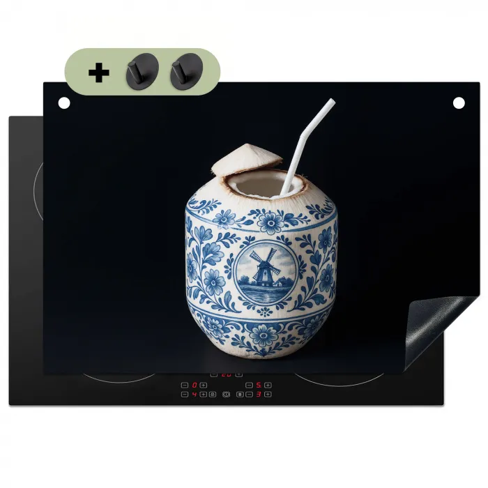 Kokosnoot - Eten - Delfts blauw - Drinken Inductie beschemer met haakjes klein -3d