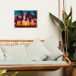 Palmboom - Zonsondergang - Horizon - Strand - Oranje - Roze tuinposter los doek klein -sfeer7