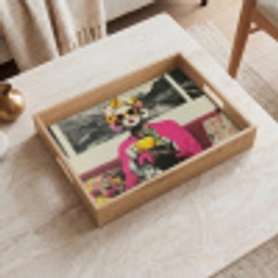 Vrouw - Kat - Bloemen - Kopje - Retro Dienblad Rechthoek middel -sfeer1