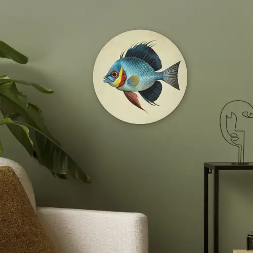 Blauw - Kieuwen - Vis - Illustratie Akoestische PET Vilt - Rond klein -sfeer2