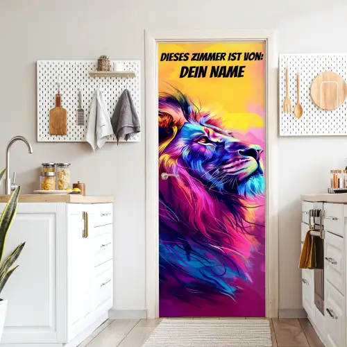 Bunter Löwenkopf im modernen Neon-Art-Stil mit personalisierbarem Namensfeld. deurposter klein -sfeer5
