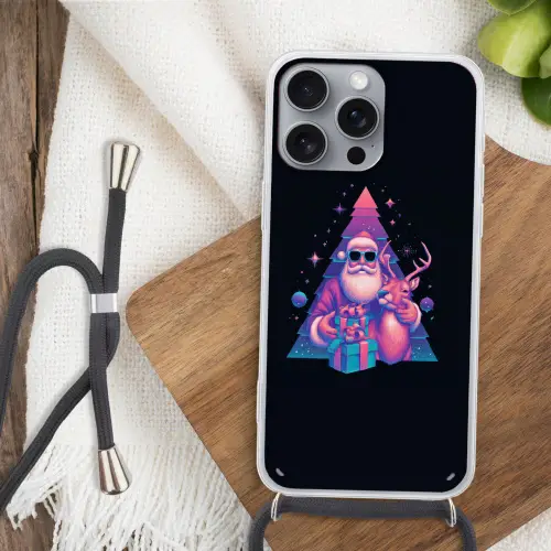 Retro - Kerstman - Rendieren - Kerstboom Hoesje iPhone 16 Pro Max met koord klein -sfeer4