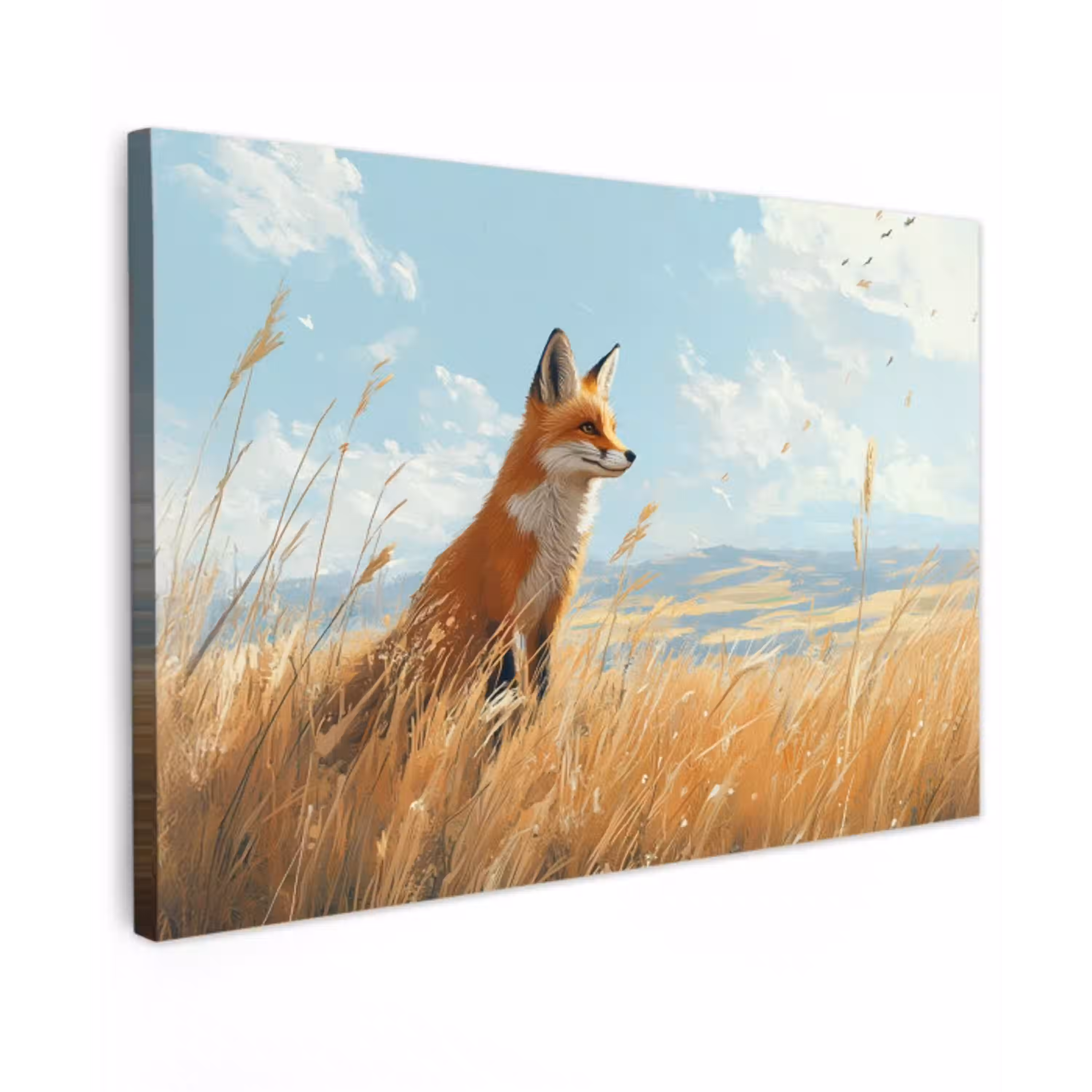 Vos - Gras - Wolken - Oranje Tuinposter op houten frame 2 cm dik klein -3d