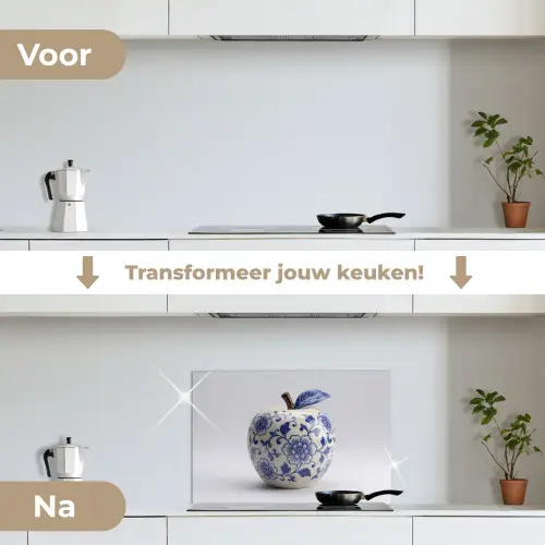 Appel - Blauw - Klassiek keuken achterwand spatscherm klein -voor_na_NL