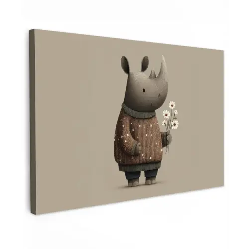 Neushoorn - Witte bloemen - Lief canvas 2cm klein -z3d