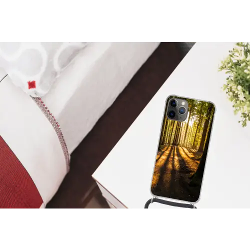 Zon - Bomen - Bos - Landschap Hoesje iPhone 12 Pro met koord klein -kamer