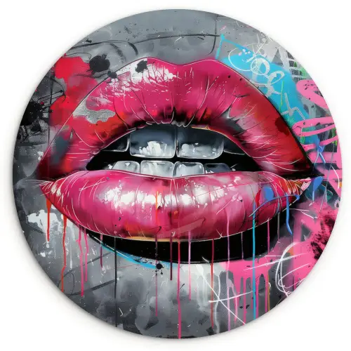 Lippen - Felroze - Graffiti - Verfstrepen Wandcirkel plexiglas klein -3d