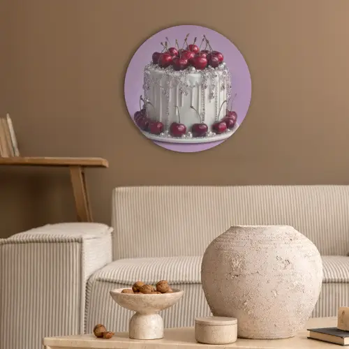 Taart - Kersen - Juwelen - Rood Akoestische PET Vilt - Rond klein -sfeer1