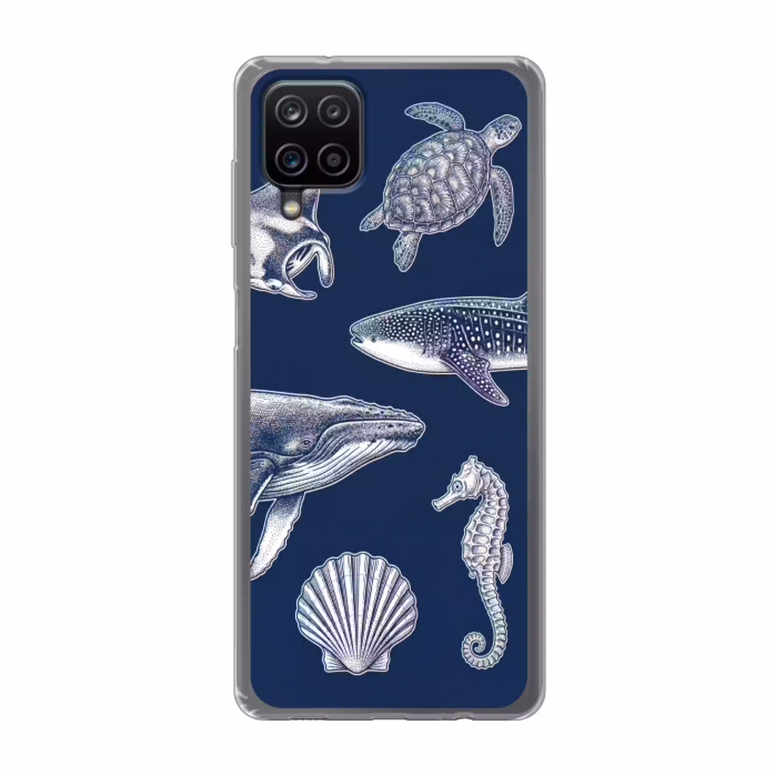 Dieren - Zeeleven - Oceaan - Graveren - Blauw Telefoonhoesje Samsung Galaxy A12 klein -3d