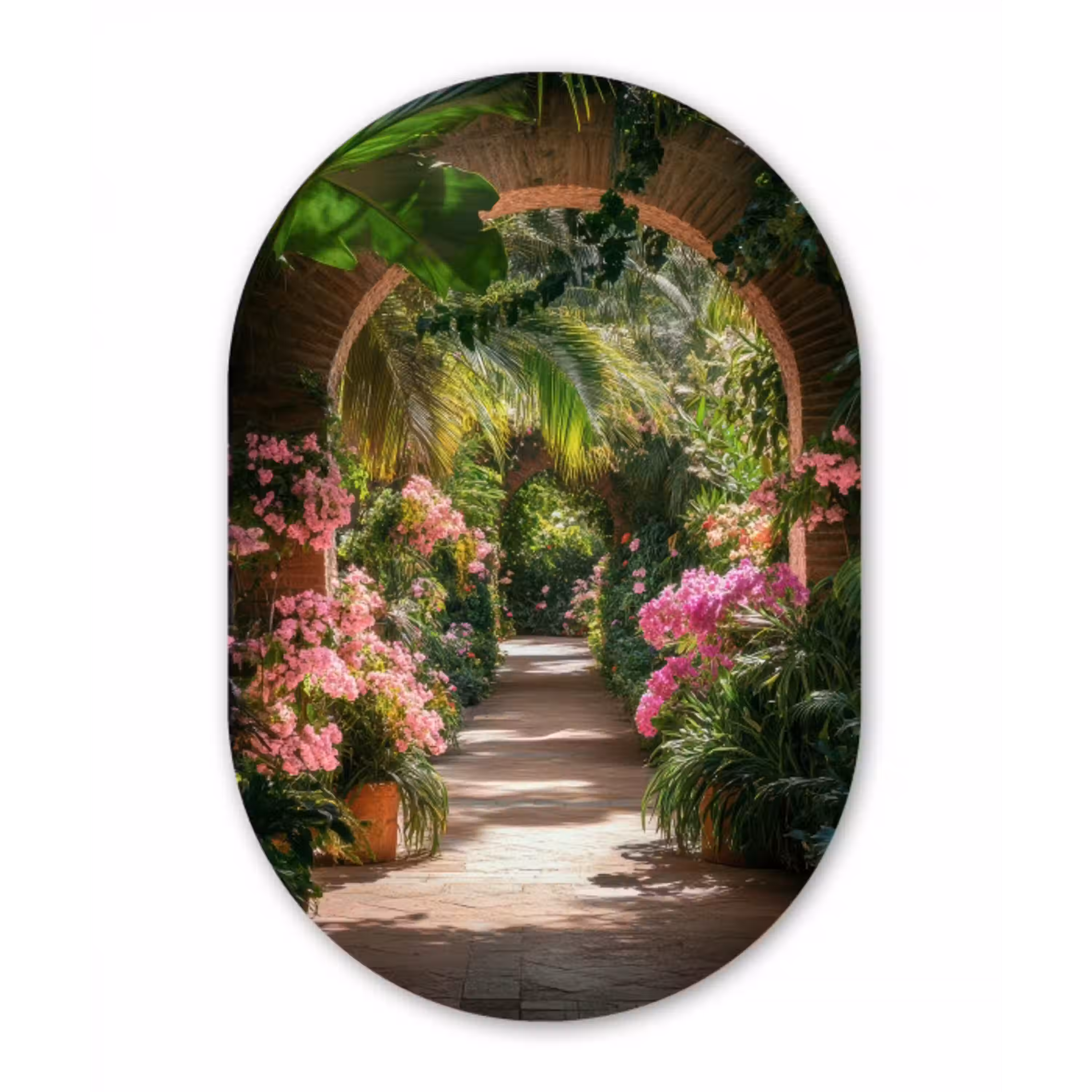Doorkijk - Tropisch - Bloemen - Natuur Wandcirkel Ovaal Aluminium middel -3d