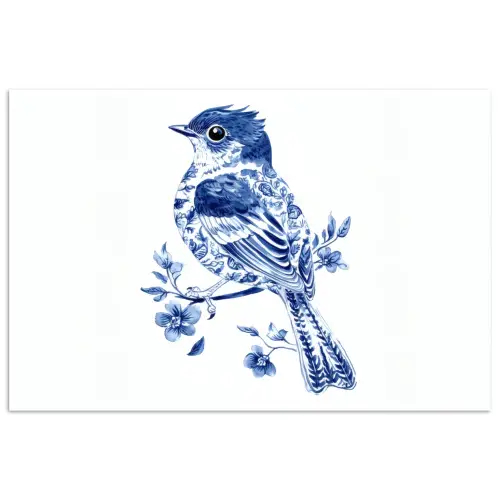 Vogel - Delfts blauw - Illustratie - Bloemen poster papier klein -3d