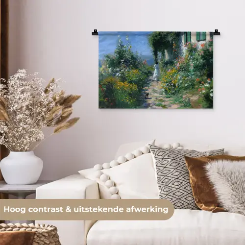 Kat - Vrouw - Bloemen - Huis Wandkleed katoen klein -sfeer1