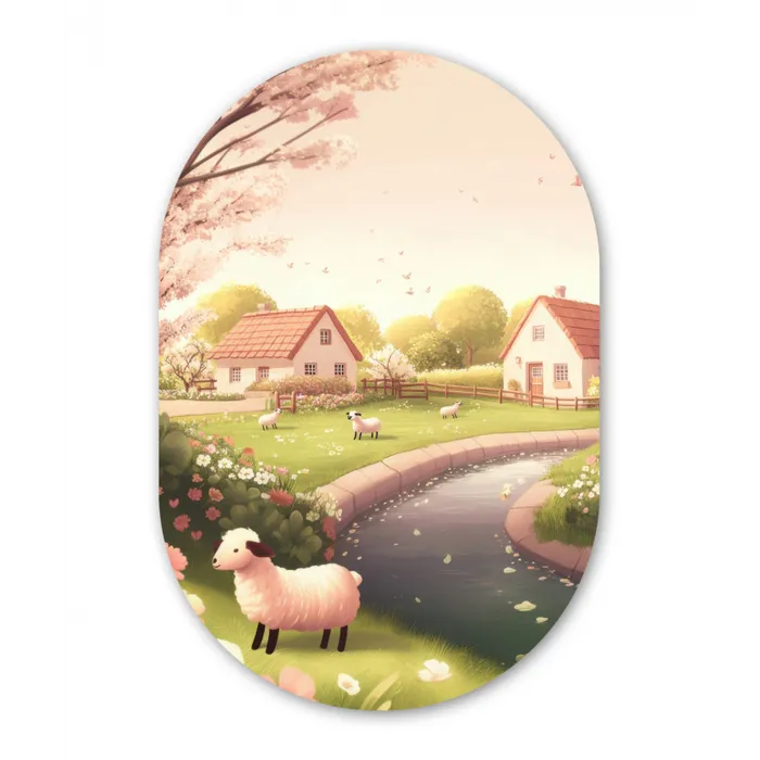 Schapen - Huisje - Platteland Wandcirkel Ovaal Glas middel -3d