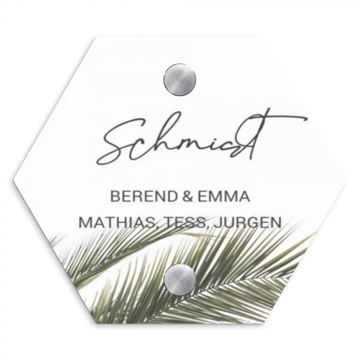 Wit met palmblad - Sierlijk Naambord Hexagon klein -3d
