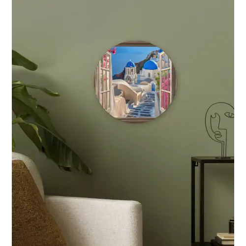 Doorkijk - Santorini - Landschap - Blauw - Grieks Wandcirkel kunststof plaat 5mm dik klein -sfeer3