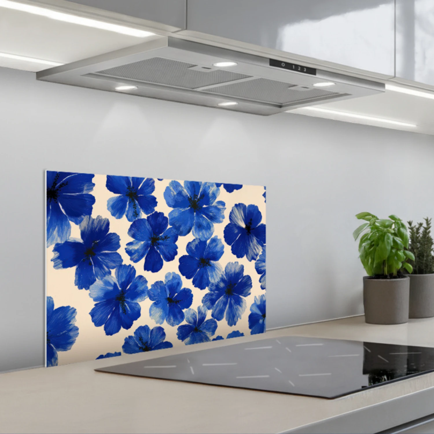 Kitchen splashback for hob - Flowers - Blue -Patterned - White ...