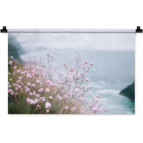 Klif - Bloemen - Zee - Roze Wandkleed katoen klein -zz3d