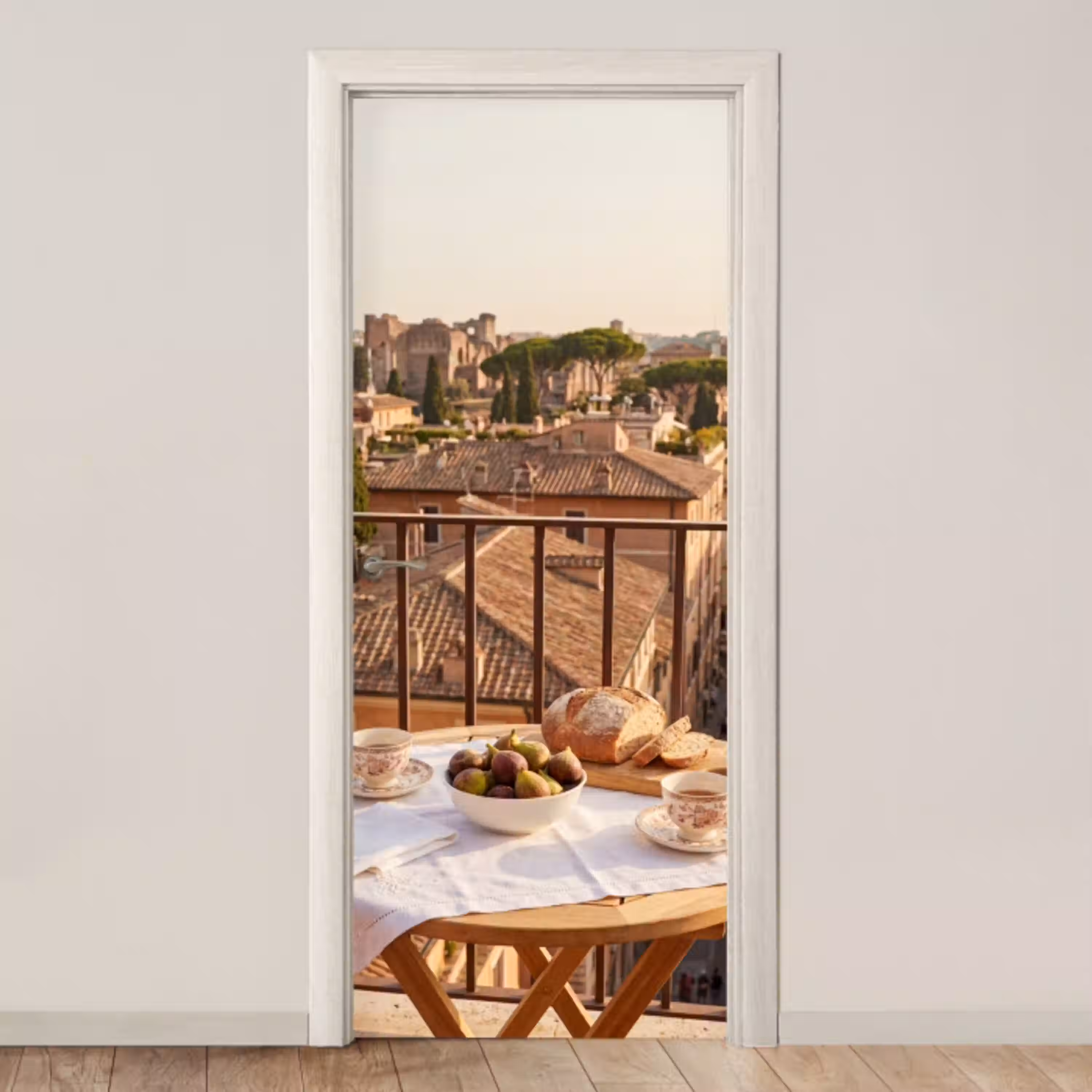 Eten - Ontbijt - Balkon - Stad - Zonsopgang deurposter klein -3d_beige