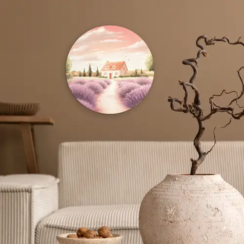 Lavendelveld - Huis - Paars Wandcirkel kunststof plaat 5mm dik klein -sfeer1