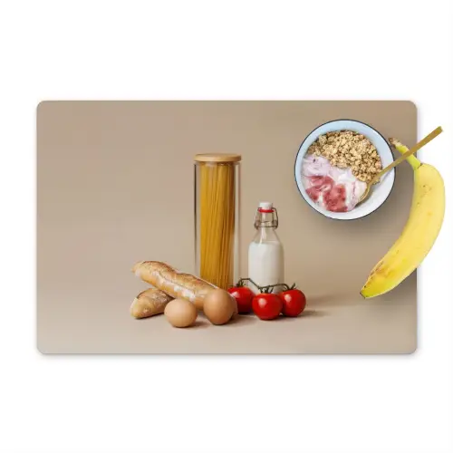 Spaghetti - Melk - Tomaten - Eieren - Brood Placemat vinyl groot -zzzproduct_Kitchenyeah-website
