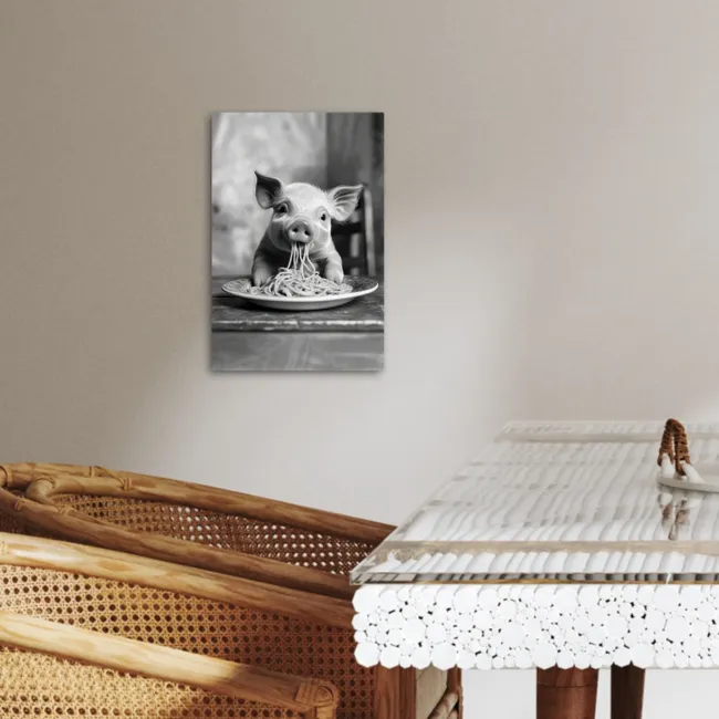 Varken - Schattig - Spaghetti - Zwart wit - Dier KitchenYeah - Keuken - Canvas klein -sfeer3