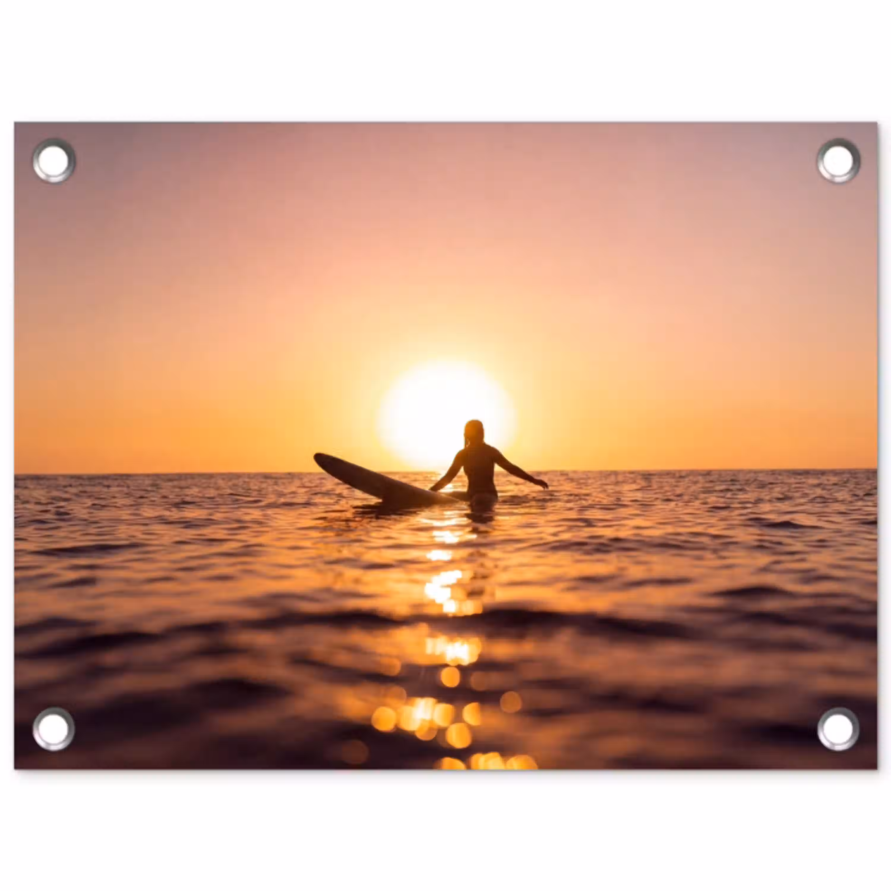 Persoon - Surfen - Zonsondergang - Zee - Oranje tuinposter los doek klein -3d