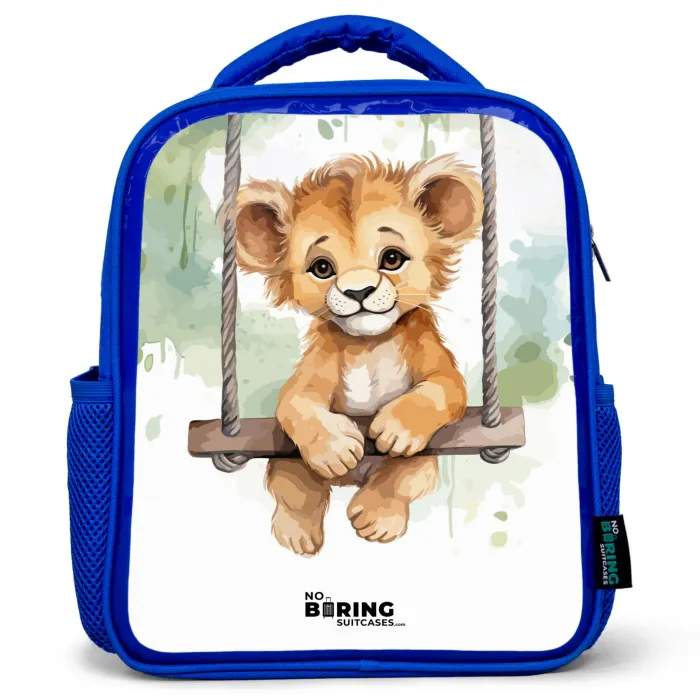 Leeuwenwelpje met schommel illustratie Kinderrugzak - Blauw middel -3d
