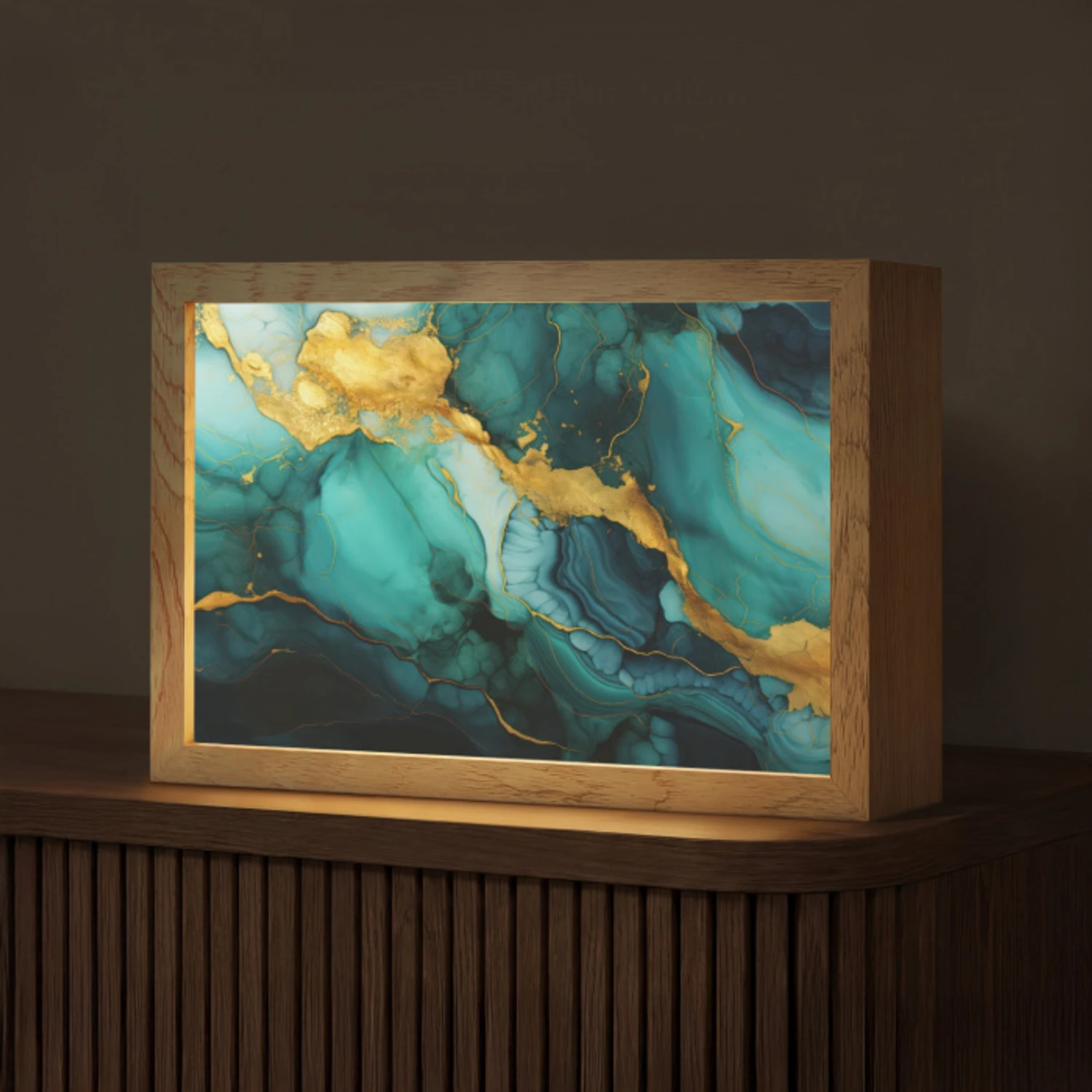 Marmer - Goud - Blauw groen - Abstract - Turquoise Light Box met kabel (Tafellamp) klein -z3d_website