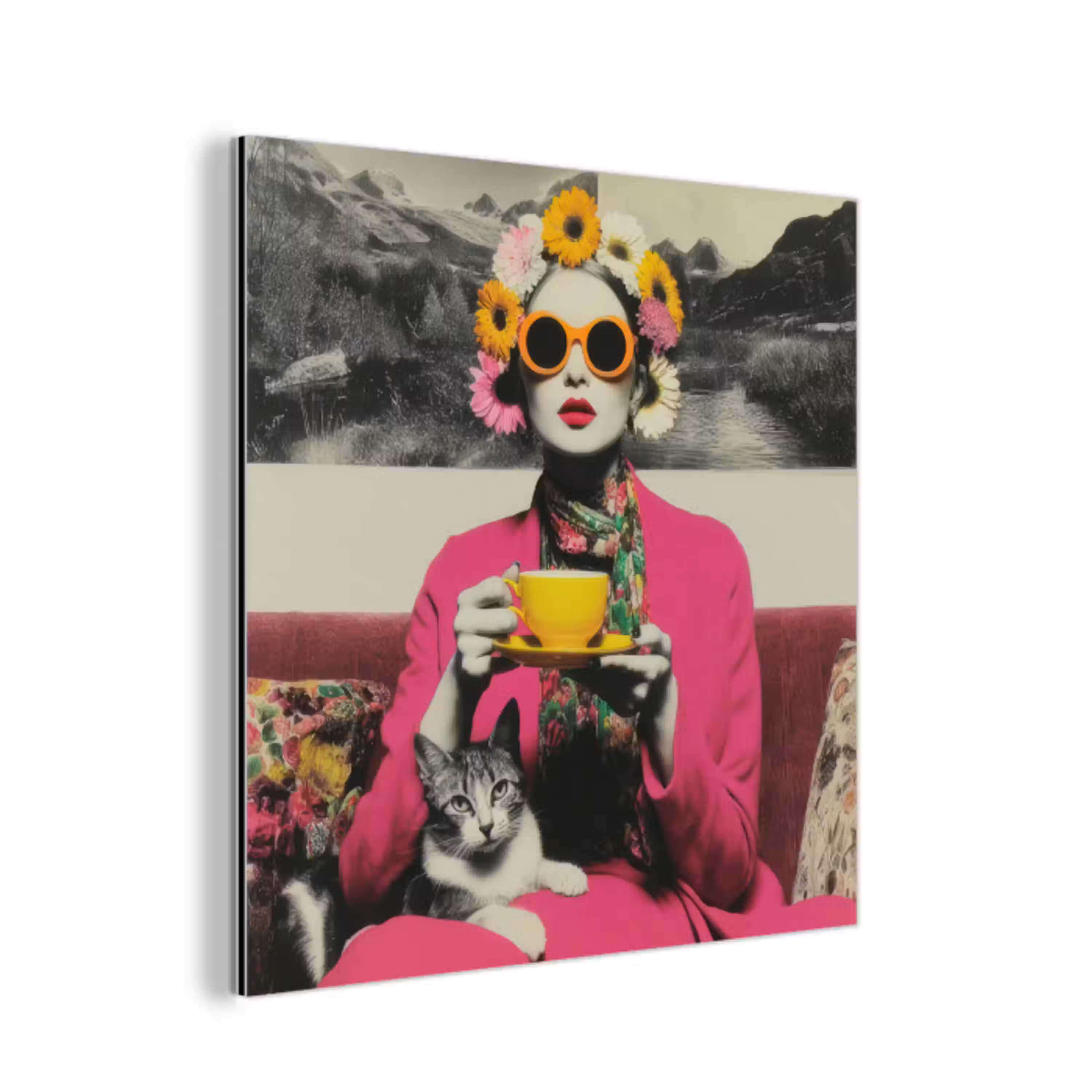 Vrouw - Kat - Bloemen - Kopje - Retro aluminium wit klein -3d