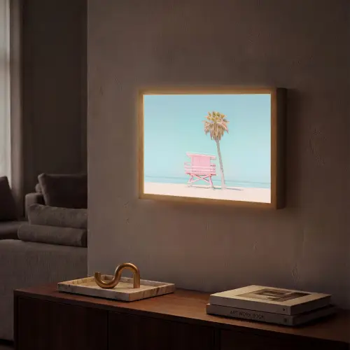Palmboom - Strandhuis - Roze Light Box met batterij (Wandlamp) middel -sfeer1
