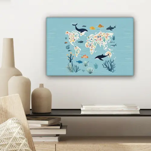 Wereldkaart - Zeeleven - Blauw canvas 2cm klein -sfeer6
