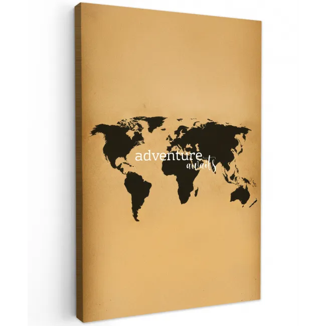 Wereldkaart - Adventure - Beige Tuinposter op houten frame 2 cm dik middel -3d