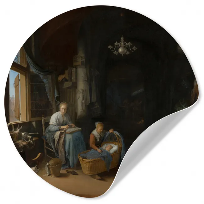 De jonge moeder - Schilderij van Gerrit Dou Wandcirkel behangsticker klein -3d