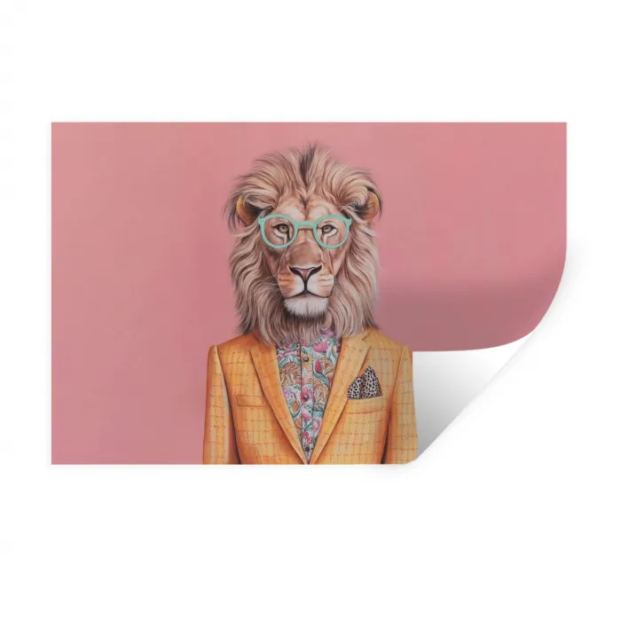 Leeuw - Pak - Geruit - Bril Muursticker klein -3d