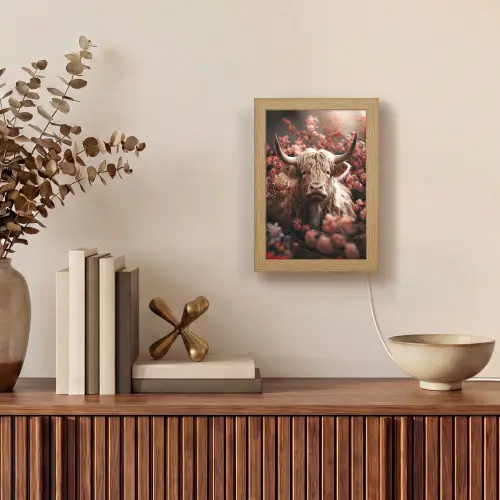 Schotse hooglander - Dier - Natuur - Bloemen - Botanisch Light Box met kabel (Tafellamp) klein -sfeer2