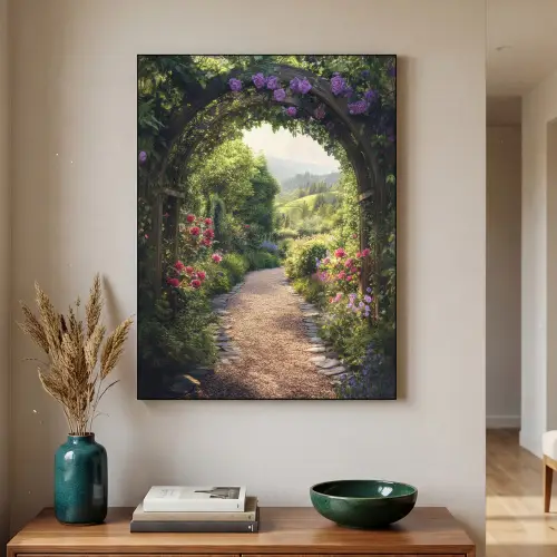 Doorkijk - Landschap - Bloemen - Tuinboog - Natuur Textielframe - compleet frame klein -sfeer1