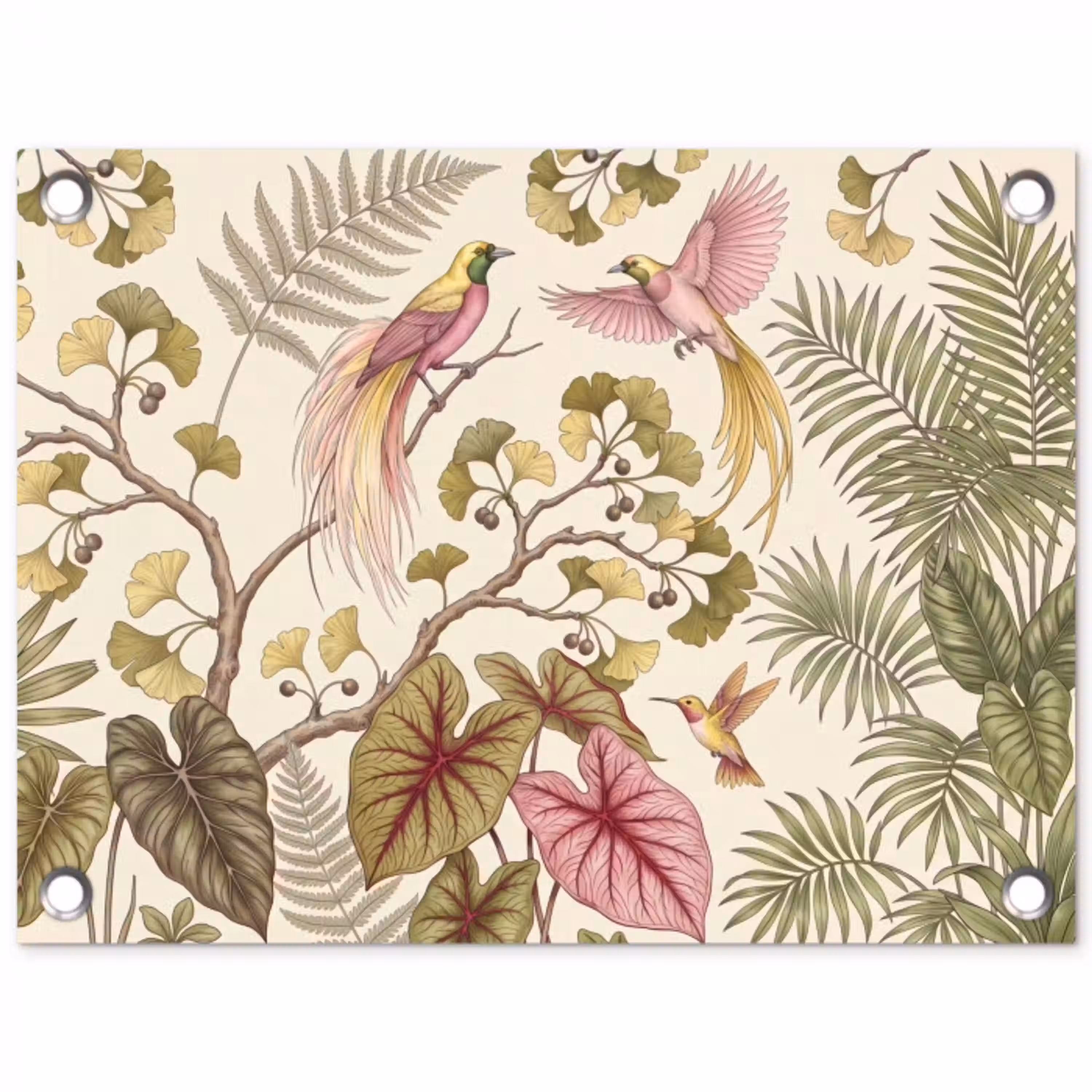 Vogels - Tropisch - Botanisch - Roze tuinposter los doek klein -3d