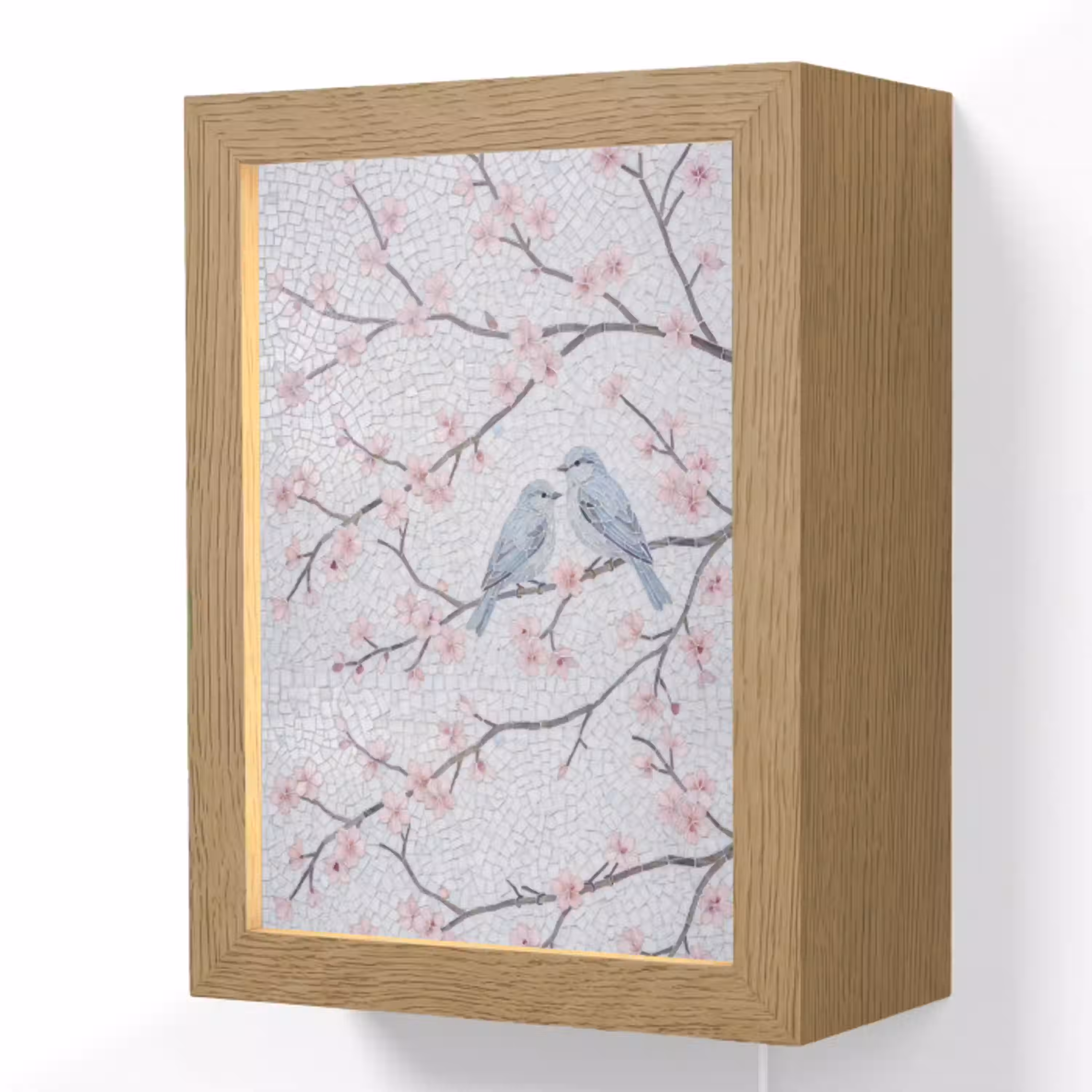 Vogel - Bloemen - Natuur - Mozaïek - Roze Light Box met kabel (Wandlamp) klein -3d
