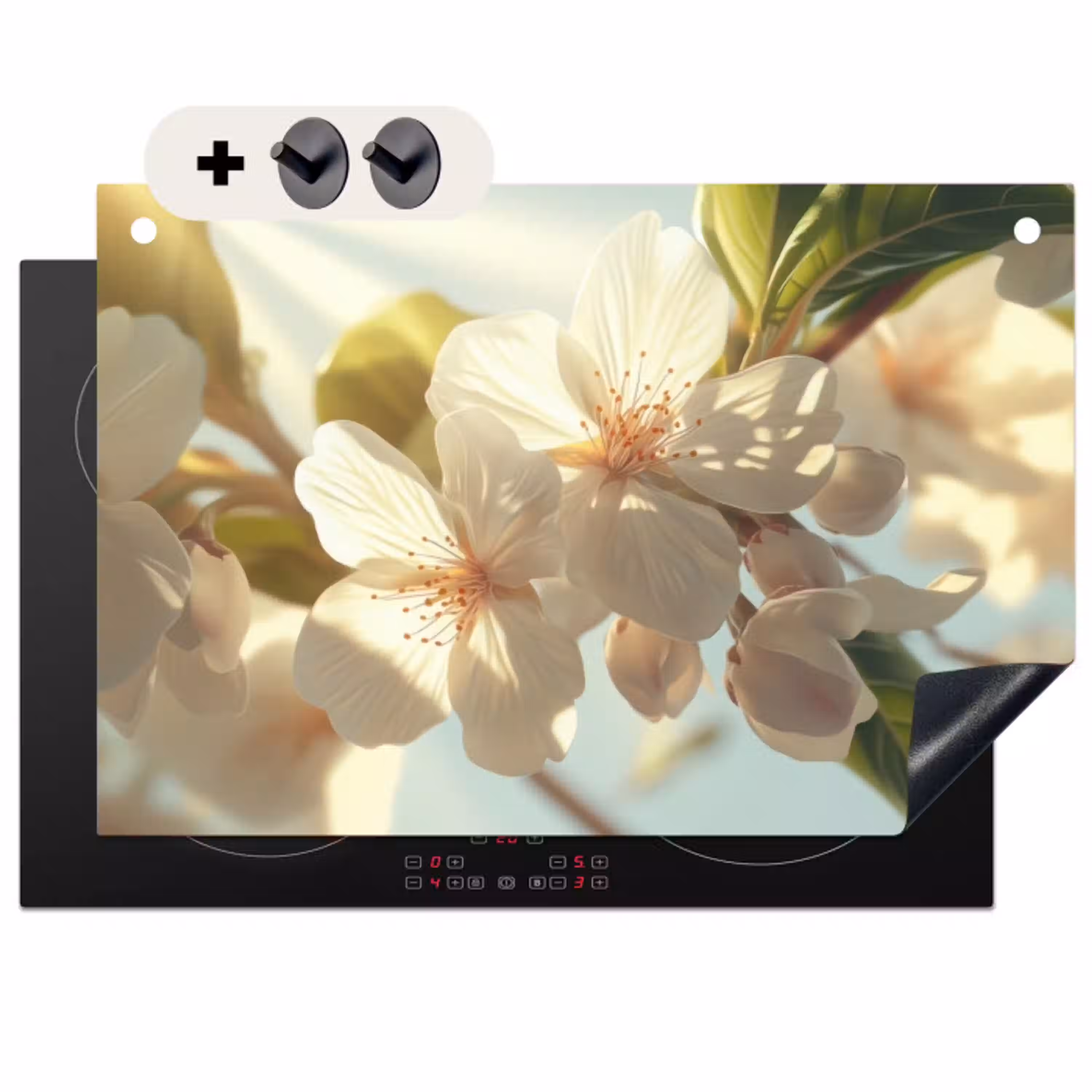 Bloesems - Wit - Zonnestralen -  Bloemblaadjes Inductie beschemer met haakjes klein -3d
