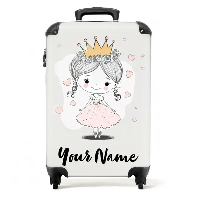 Suitcase with name – Princess with crown and pink hearts