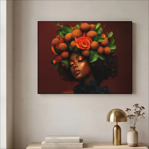 Vrouw - lychee - exotisch Textielframe zwart klein -sfeer2