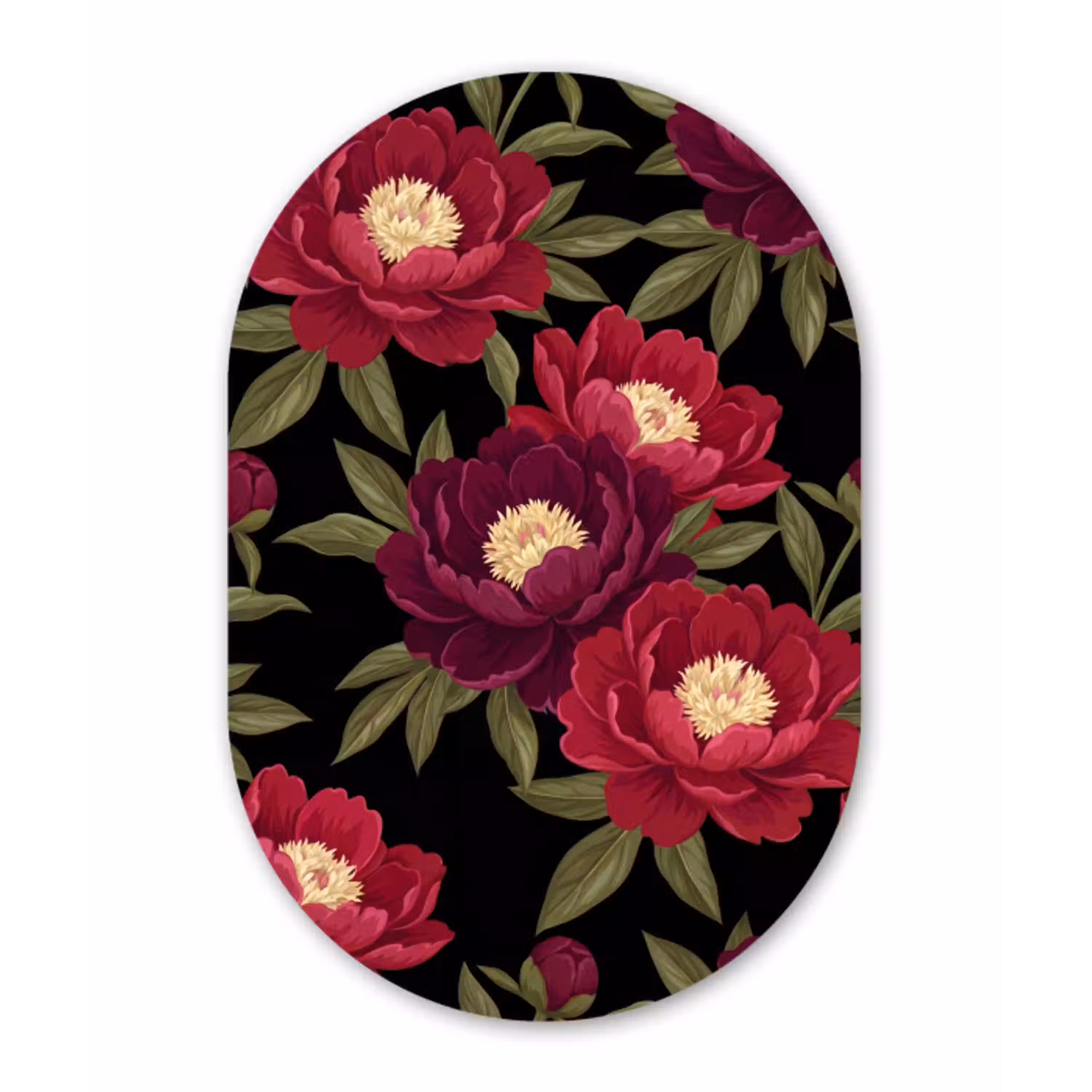 Bloemen - Patroon - Botanisch - Rood - Zwart Wandcirkel Ovaal Aluminium middel -3d