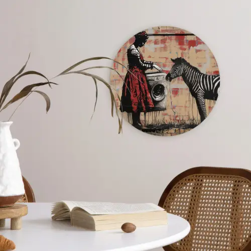 Street art - Zebra - Vrouw - Dieren - Graffiti - Banksy Wandcirkel kunststof plaat 5mm dik klein -sfeer4