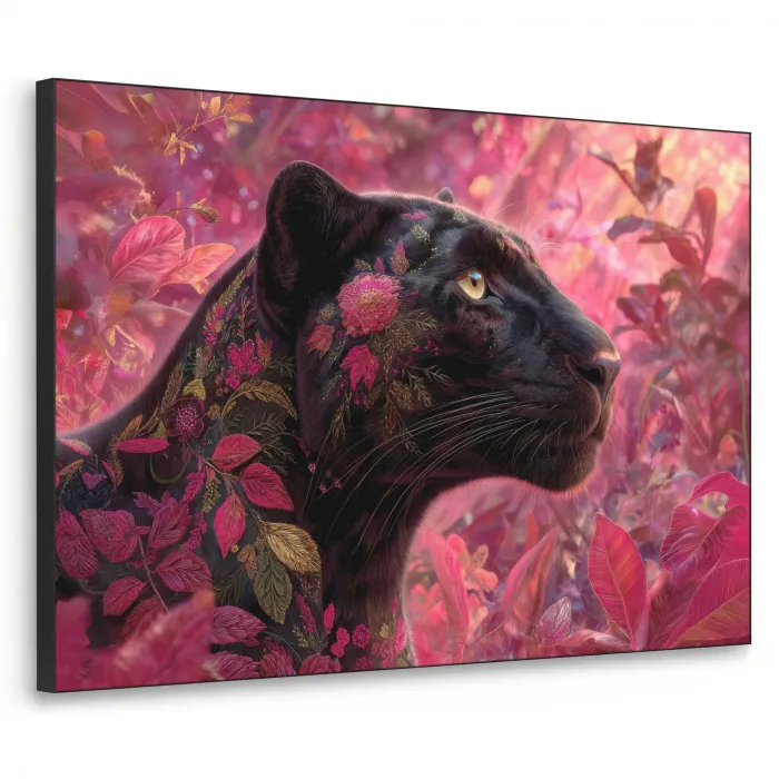Luipaard - Bloemen - Roze Textielframe zwart klein -3d