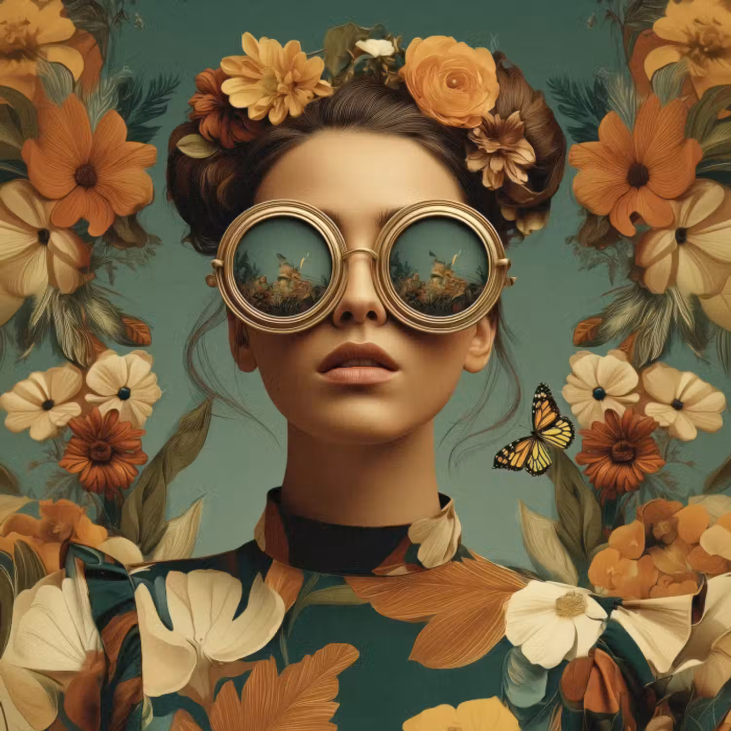 Behang - Bloemenkrans - Vrouwengezicht - Zonnebril - Oranje