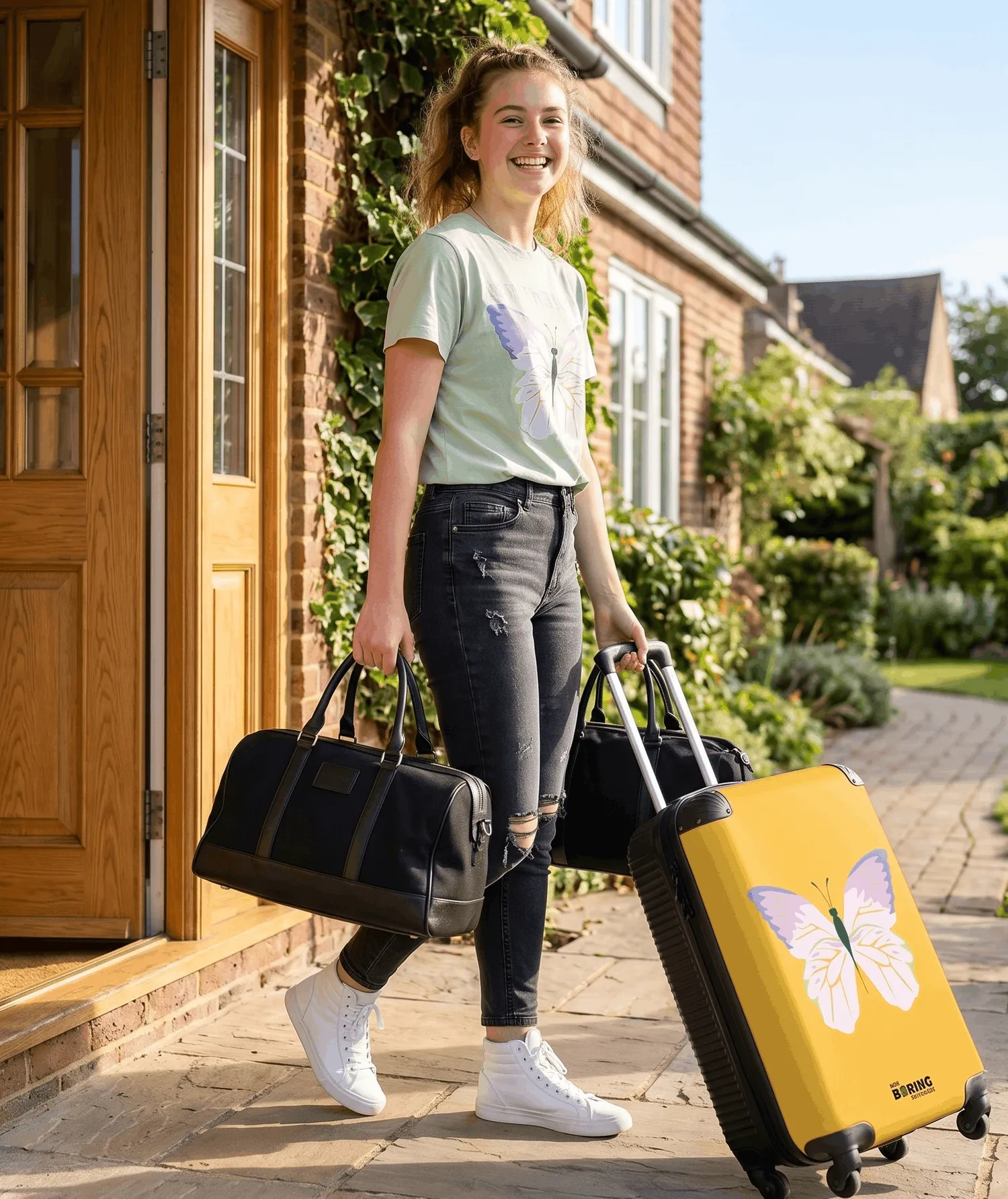 teenage girl with yellow suitcase