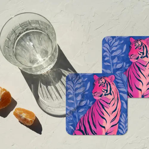 Tijger - Roze - Bladeren - Jungle onderzetter kurk middel -sfeer4